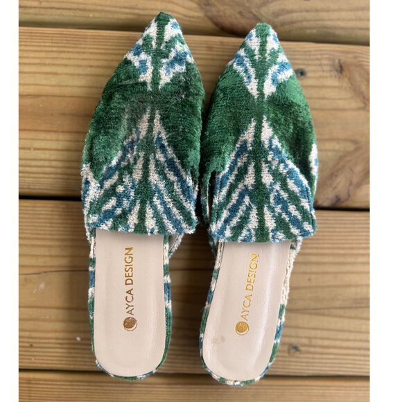 Ayca Design Green Blue Ikat Velvet Mules Size 39 | Handmade Kilim Flats - Picture 4 of 4